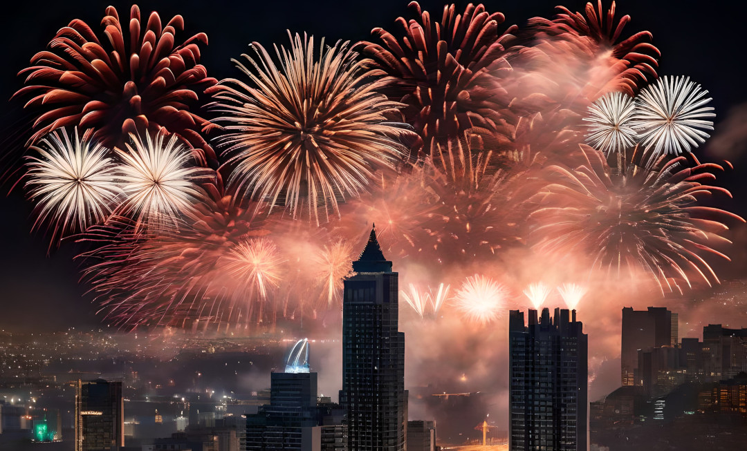 Fireworks bursting over a city skyline on New Year's Eve