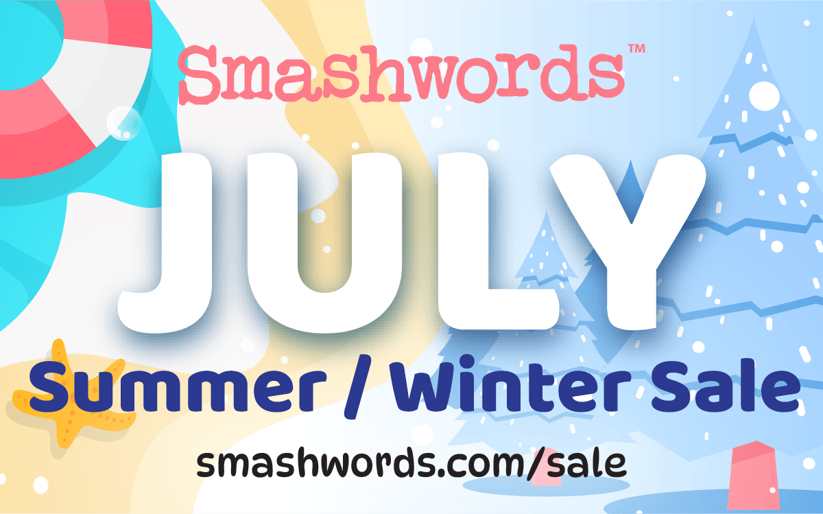 Beach/Pool theme transitioning to a winterscape, with the words "Smashwords July Winter/Summer Sale and the URL https://smashwords.com/sale